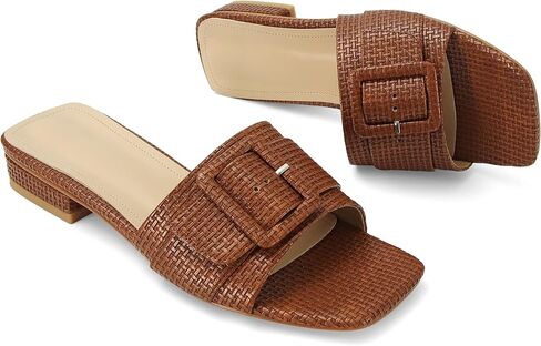 Raffia Slide Sandals for Women Woven Sandal Square Toe Slipper Slip on Chunky Heel Espadrille Buckle Comfortable Casual Beach Shoes Block Heels in Kuwait