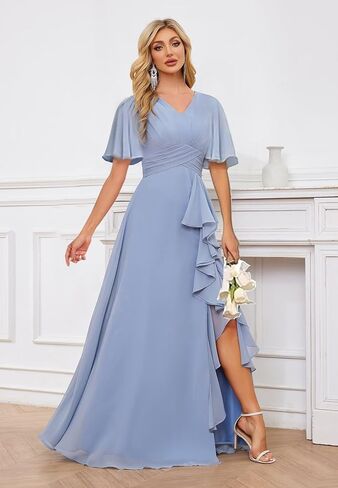 v الرقبة قصيرة الأكمام الفساتين وصيفات الشرف للنساء انقسام طويل فستان السهرة الرسمي maof020 in Kuwait