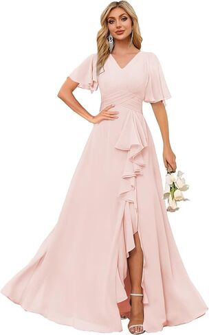 V Neck Short Sleeve Chiffon Bridesmaid Dresses for Women Long Split Ruffled Formal Evening Dress MAOF020 in Saudi Arabia