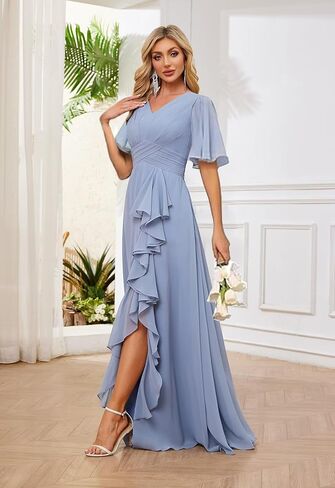 v الرقبة قصيرة الأكمام الفساتين وصيفات الشرف للنساء انقسام طويل فستان السهرة الرسمي maof020 in Kuwait