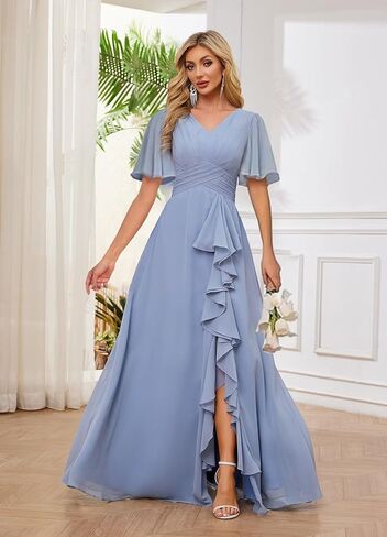 v الرقبة قصيرة الأكمام الفساتين وصيفات الشرف للنساء انقسام طويل فستان السهرة الرسمي maof020 in Kuwait