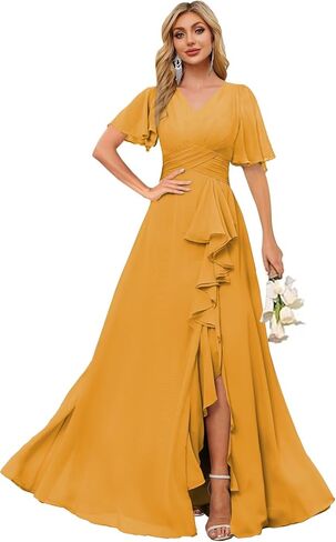 V Neck Short Sleeve Chiffon Bridesmaid Dresses for Women Long Split Ruffled Formal Evening Dress MAOF020 in Saudi Arabia