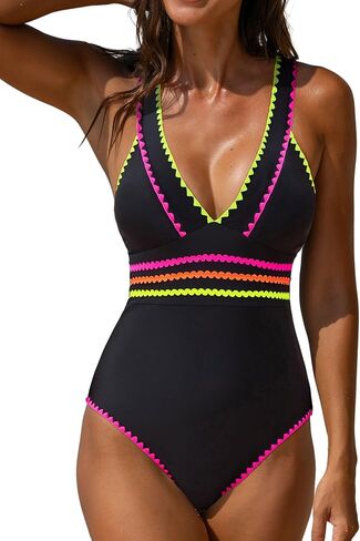 Popvil Women's One Piece Swimsuit Switch Control Suit V Suit v Neck Ribbon Ruched Swim Suits Simling Black Swimwear in Saudi Arabia