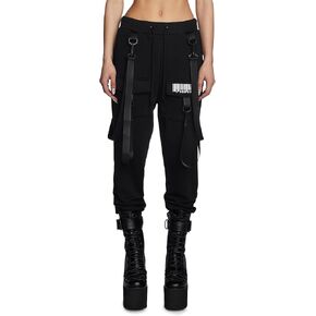 Dolls Kill Digital Blaze Cargo Joggers by Club Exx – Reflective Barcode Graphics, Detachable Suspenders & Elastic Waist in Kuwait