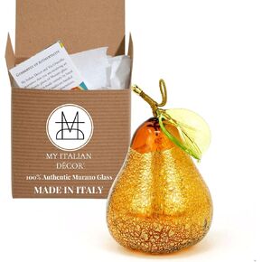 Murano Glass Amber Pear Ornament, 3" Tall, 1PCS, Fruit Ornaments for Christmas Tree, Fruit Decor, Decorative Fruit, Faux Pear Fruit Christmas Ornament, Made in Italy in Saudi Arabia