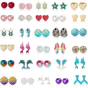 Various Ocean Marine Life Theme Pierced Stud Earrings Set of 30 Pairs-Multiple Crystal Pearls Seashell Starfish Fish Scale Scallop Fishtail Dolphin Earrings for Women Summer Beach Jewelry in Kuwait