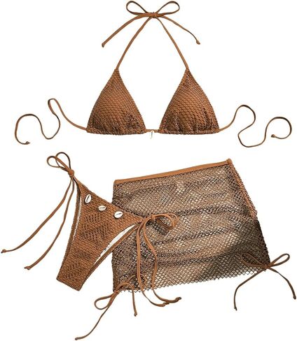 SOLY HUX Women's 3 Piece Swimsuit Fishnet Halter Triangle String Bikini Set Bathing Suit with Cover Up Beach Skirt in Saudi Arabia