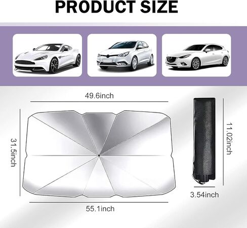 1 PC Mindshield Sun Shade Smbrella ، حماية من أشعة الشمس وعزل حراري شاشة الزجاج الأمامي المظلة Sunshade ، 55 "× 31" حماية قابلة للطي قابلة للطي ، لمعظم السيارات (الفضة) in Kuwait