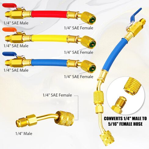 Mudder 7 Pcs Air Conditioning Refrigerant Compact Ball Valve 1/4 Inch for R410A R134A R12 R22 HVAC Adapter 5/16Inch Female to 1/4Inch Male Flare (3 Hose Globe Valve,4 Angle Adapter) in Saudi Arabia