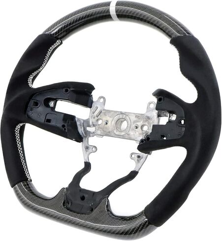 IKON MOTORSPORTS, Steering Wheel Compatible With 2016-2021 Honda Civic Gen 10th, Carbon Fiber Synthetic Suede Steering Wheel With White Stitching & White Indicator, 2017 2018 2019 2020 in Saudi Arabia