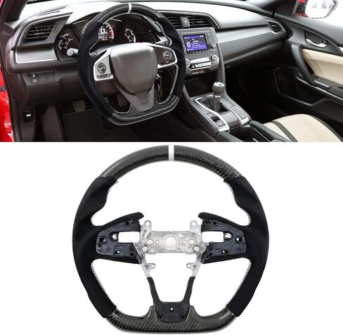 IKON MOTORSPORTS, Steering Wheel Compatible With 2016-2021 Honda Civic Gen 10th, Carbon Fiber Synthetic Suede Steering Wheel With White Stitching & White Indicator, 2017 2018 2019 2020 in Saudi Arabia