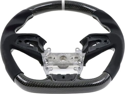 IKON MOTORSPORTS, Steering Wheel Compatible With 2016-2021 Honda Civic Gen 10th, Carbon Fiber Synthetic Suede Steering Wheel With White Stitching & White Indicator, 2017 2018 2019 2020 in Saudi Arabia
