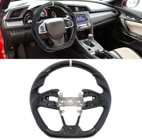 IKON MOTORSPORTS, Steering Wheel Compatible With 2016-2021 Honda Civic Gen 10th, Carbon Fiber Synthetic Suede Steering Wheel With White Stitching & White Indicator, 2017 2018 2019 2020 in Saudi Arabia