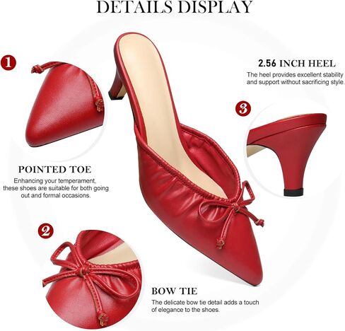 Women's Ruffled Pointed Toe Mule Sandals Bow Detailed Slip On Low Heeled Kitten Heels Slippers in Kuwait