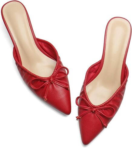 Women's Ruffled Pointed Toe Mule Sandals Bow Detailed Slip On Low Heeled Kitten Heels Slippers in Kuwait