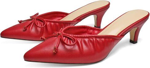 Women's Ruffled Pointed Toe Mule Sandals Bow Detailed Slip On Low Heeled Kitten Heels Slippers in Kuwait