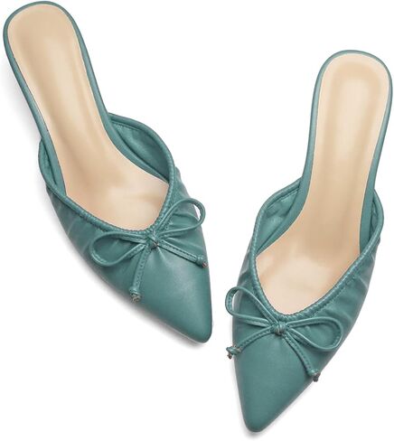 Women's Ruffled Pointed Toe Mule Sandals Bow Detailed Slip On Low Heeled Kitten Heels Slippers in Kuwait