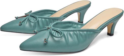 Women's Ruffled Pointed Toe Mule Sandals Bow Detailed Slip On Low Heeled Kitten Heels Slippers in Kuwait