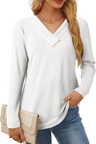 SHEWIN Women Long Sleeve Lightweight Tunic Tops Casual V Neck Pleated Button Warm Tee Shirts in Saudi Arabia