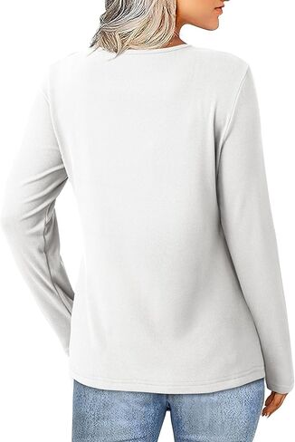 SHEWIN Women Long Sleeve Lightweight Tunic Tops Casual V Neck Pleated Button Warm Tee Shirts in Saudi Arabia