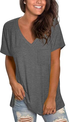 TODOLOR Womens T Shirts Short Sleeve V Neck Loose Casual Summer Tees Basic Tunic Tops with Pocket in Kuwait