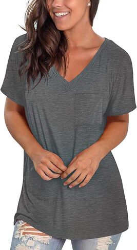 TODOLOR Womens T Shirts Short Sleeve V Neck Loose Casual Summer Tees Basic Tunic Tops with Pocket in Kuwait