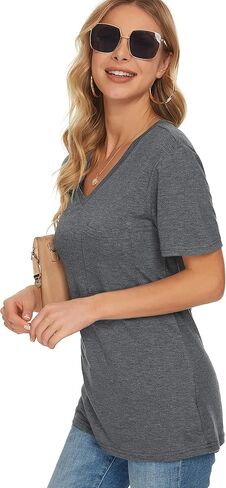 TODOLOR Womens T Shirts Short Sleeve V Neck Loose Casual Summer Tees Basic Tunic Tops with Pocket in Kuwait