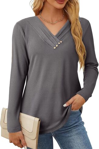 SHEWIN Women Long Sleeve Lightweight Tunic Tops Casual V Neck Pleated Button Warm Tee Shirts in Saudi Arabia