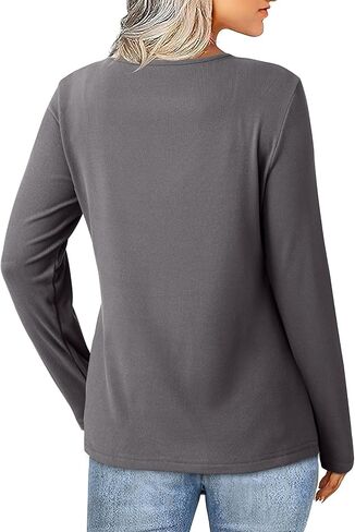 SHEWIN Women Long Sleeve Lightweight Tunic Tops Casual V Neck Pleated Button Warm Tee Shirts in Saudi Arabia