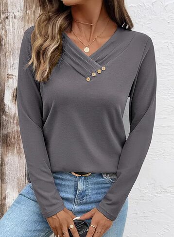 SHEWIN Women Long Sleeve Lightweight Tunic Tops Casual V Neck Pleated Button Warm Tee Shirts in Saudi Arabia