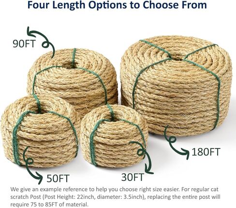 حبل السيزال الطبيعي للقطط لاستبدال شجرة ما بعد الخدش، حبل القنب للإصلاح أو التعافي أو الخدش بنفسك، لون طبيعي، 30 قدمًا in Kuwait