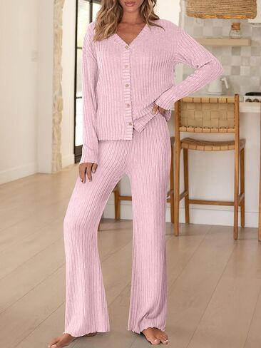 ANRABESS Women's 2 Piece Lounge Pajama Sets Ribbed Long Sleeve Button Top Matching Pants Sleepwear PJ Set 2025 Fall Outfits in Saudi Arabia