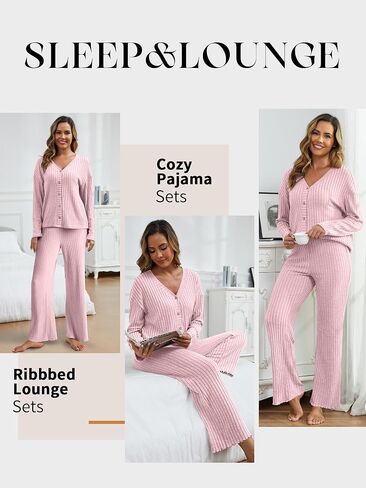 ANRABESS Women's 2 Piece Lounge Pajama Sets Ribbed Long Sleeve Button Top Matching Pants Sleepwear PJ Set 2025 Fall Outfits in Saudi Arabia