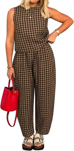 Womens Summer Pajama Sets 2 Piece Outfits Plaid Tank Top and Pants Cotton Gingham Lounge Set in Kuwait