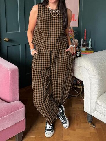 Womens Summer Pajama Sets 2 Piece Outfits Plaid Tank Top and Pants Cotton Gingham Lounge Set in Kuwait