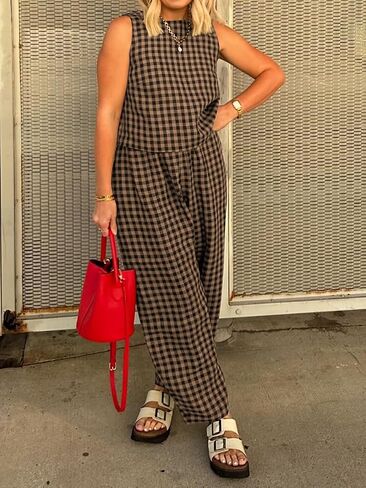 Womens Summer Pajama Sets 2 Piece Outfits Plaid Tank Top and Pants Cotton Gingham Lounge Set in Kuwait