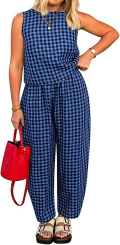 Womens Summer Pajama Sets 2 Piece Outfits Plaid Tank Top and Pants Cotton Gingham Lounge Set in Kuwait