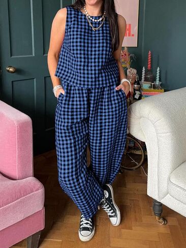 Womens Summer Pajama Sets 2 Piece Outfits Plaid Tank Top and Pants Cotton Gingham Lounge Set in Kuwait