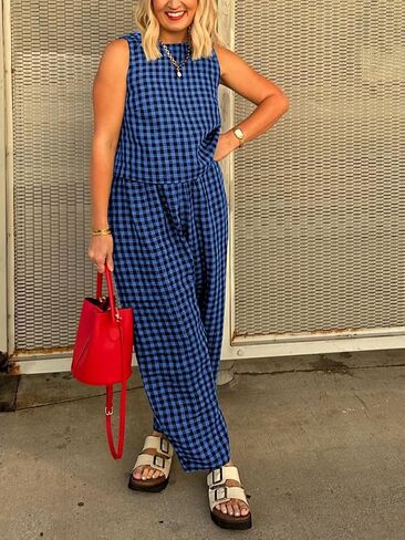 Womens Summer Pajama Sets 2 Piece Outfits Plaid Tank Top and Pants Cotton Gingham Lounge Set in Kuwait
