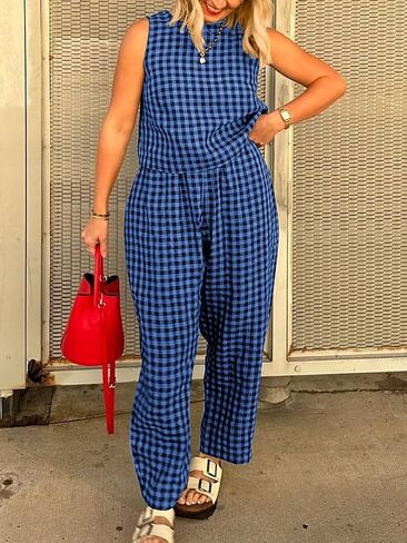 Womens Summer Pajama Sets 2 Piece Outfits Plaid Tank Top and Pants Cotton Gingham Lounge Set in Kuwait