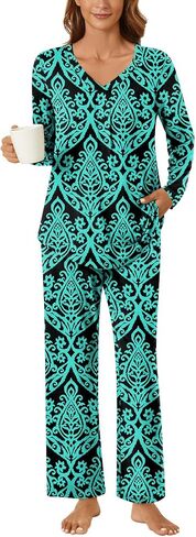 Bestbee Women's Pajama Set, 2 Piece Lounge Outfits V Neck Sleepwear Fall Long Sleeve Long Pants With Pockets Ladies Pjs in Kuwait