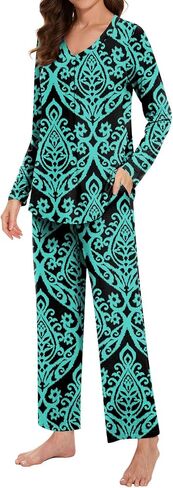 Bestbee Women's Pajama Set, 2 Piece Lounge Outfits V Neck Sleepwear Fall Long Sleeve Long Pants With Pockets Ladies Pjs in Kuwait