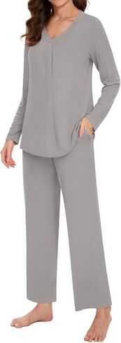 Bestbee Women's Pajama Set, 2 Piece Lounge Outfits V Neck Sleepwear Fall Long Sleeve Long Pants With Pockets Ladies Pjs in Kuwait