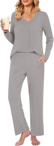 Bestbee Women's Pajama Set, 2 Piece Lounge Outfits V Neck Sleepwear Fall Long Sleeve Long Pants With Pockets Ladies Pjs in Kuwait