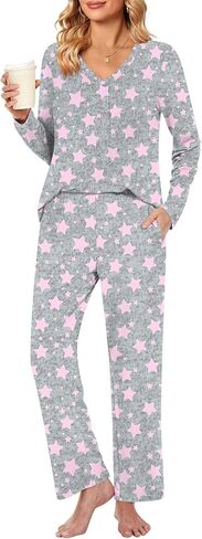 Bestbee Women's Pajama Set, 2 Piece Lounge Outfits V Neck Sleepwear Fall Long Sleeve Long Pants With Pockets Ladies Pjs in Kuwait