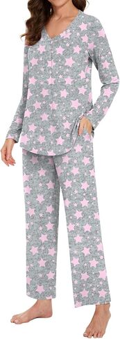 Bestbee Women's Pajama Set, 2 Piece Lounge Outfits V Neck Sleepwear Fall Long Sleeve Long Pants With Pockets Ladies Pjs in Kuwait