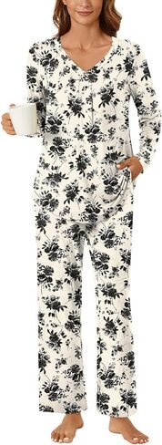 Bestbee Women's Pajama Set, 2 Piece Lounge Outfits V Neck Sleepwear Fall Long Sleeve Long Pants With Pockets Ladies Pjs in Kuwait