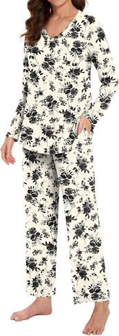 Bestbee Women's Pajama Set, 2 Piece Lounge Outfits V Neck Sleepwear Fall Long Sleeve Long Pants With Pockets Ladies Pjs in Kuwait