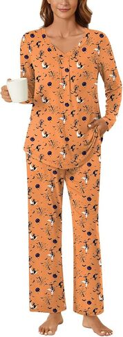 Bestbee Women's Pajama Set, 2 Piece Lounge Outfits V Neck Sleepwear Fall Long Sleeve Long Pants With Pockets Ladies Pjs in Kuwait