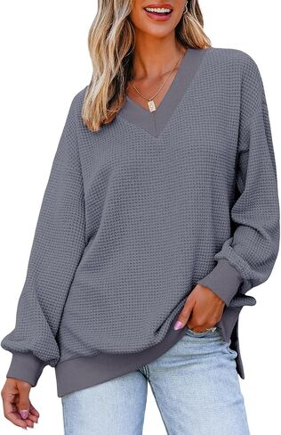Dokotoo Womens sweatshirt raffle waffle متماسكة الأكمام الطويلة الخامس قمصان رقبة غير رسمية من البلوزات فضفاضة قمم السحب in Saudi Arabia